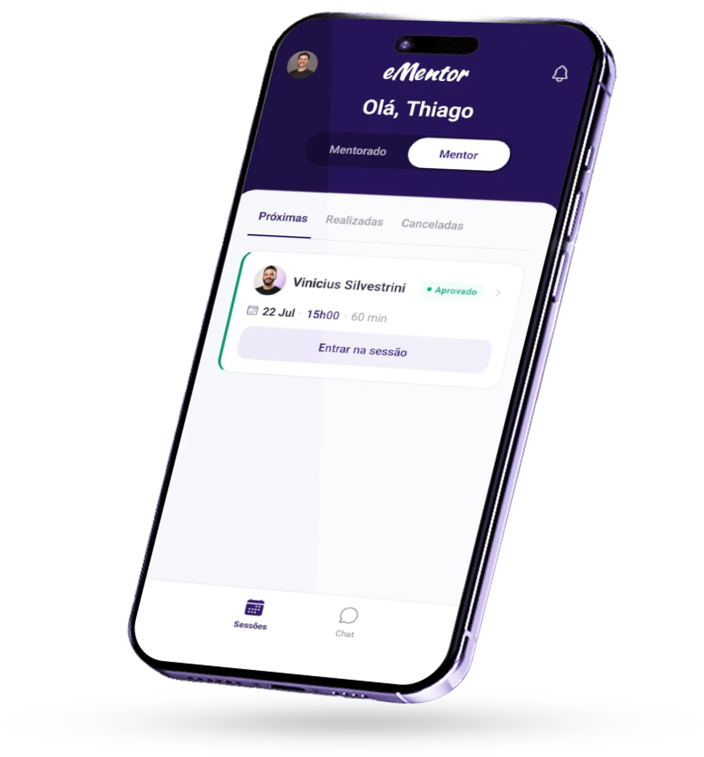 Tela do app eMentor mostrando a lista de sessões de mentoria